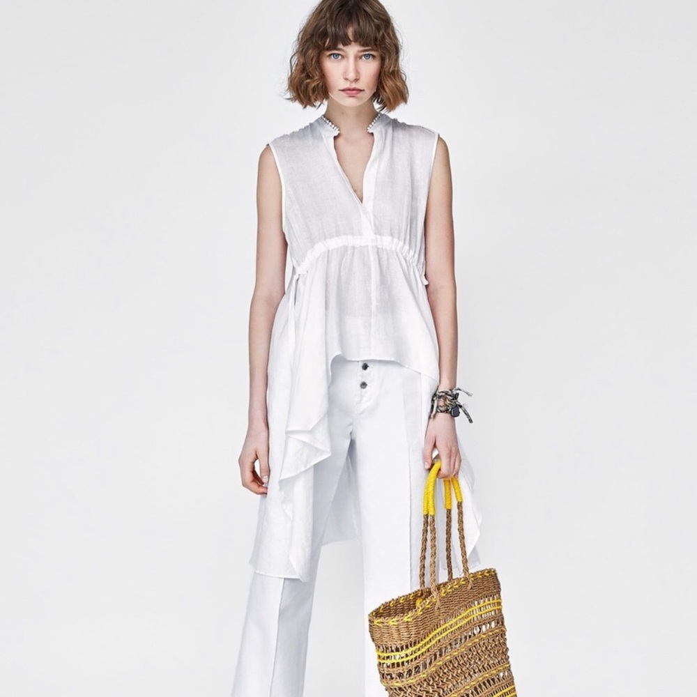 ZARA Off White Asymmetric 100% Linen Tunic Size S